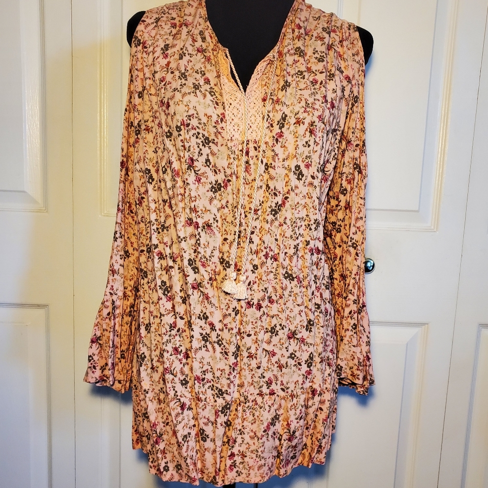 long sleeve cold shoulder boho top tunic